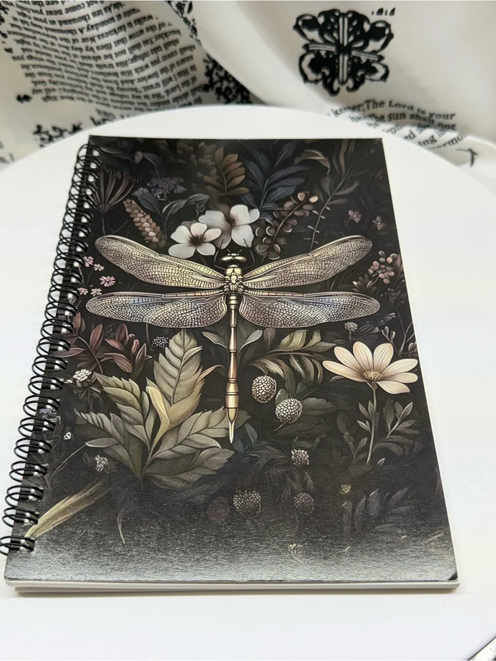 Dragonfly Floral Spiral Notebook - Black Cover